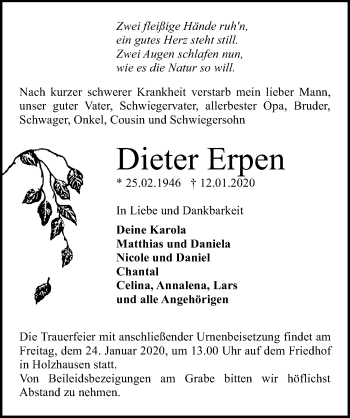 Traueranzeige von Dieter Erpen