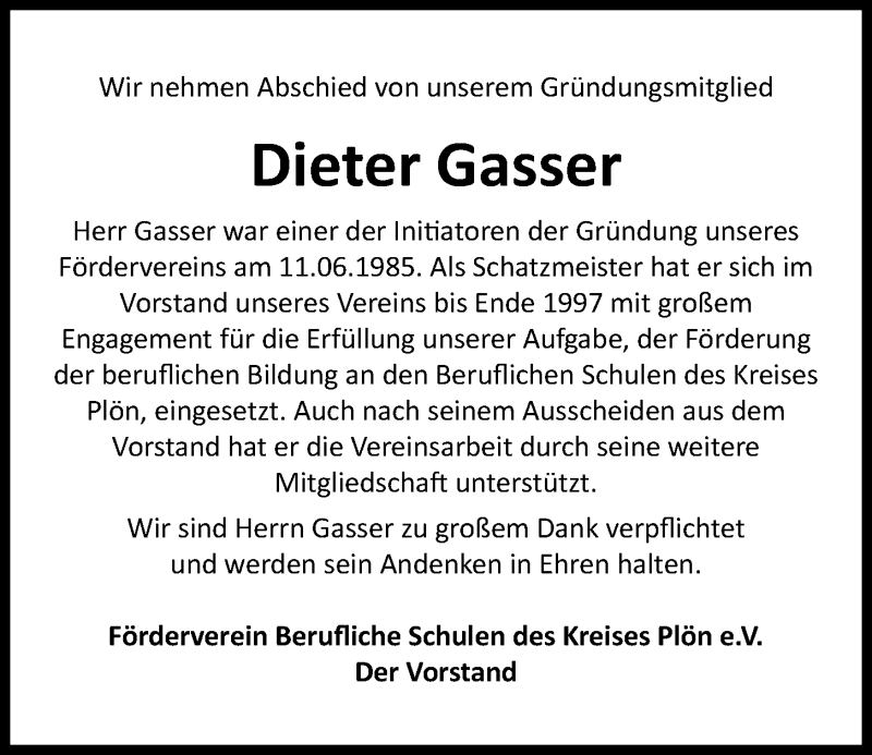  Traueranzeige für Dieter Gasser vom 11.01.2020 aus Kieler Nachrichten