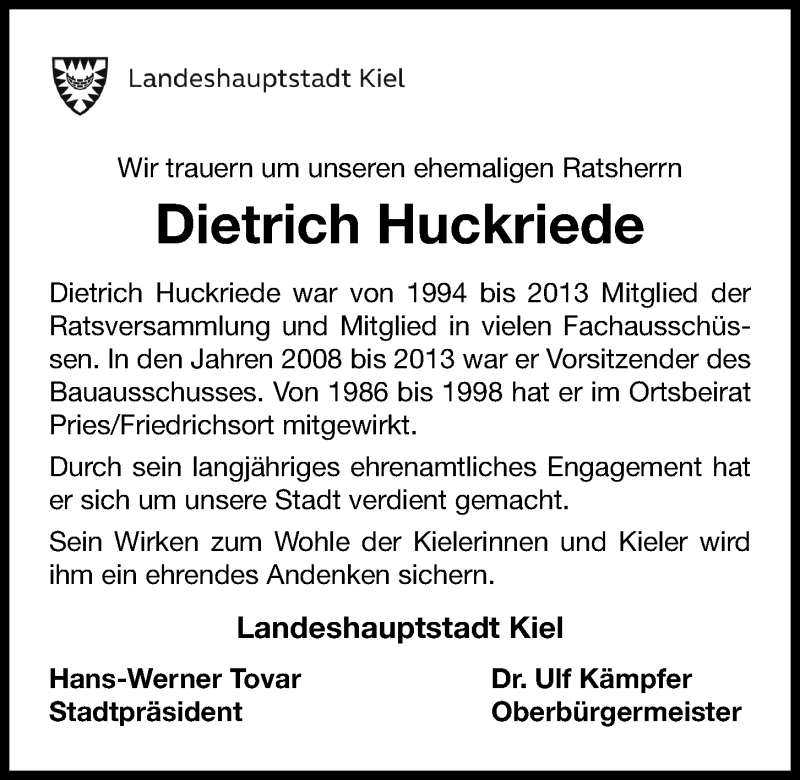  Traueranzeige für Dietrich Huckriede vom 01.02.2020 aus Kieler Nachrichten