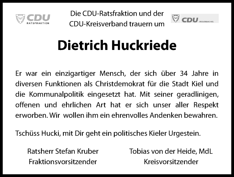  Traueranzeige für Dietrich Huckriede vom 01.02.2020 aus Kieler Nachrichten