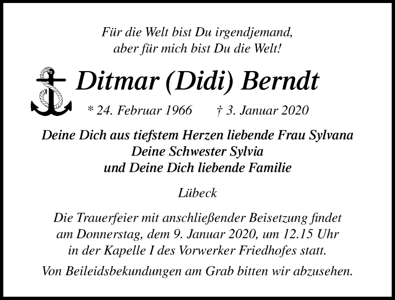  Traueranzeige für Ditmar Bernfit vom 07.01.2020 aus Lübecker Nachrichten