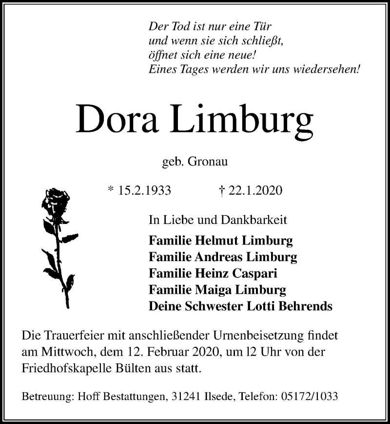  Traueranzeige für Dora Limburg vom 31.01.2020 aus Peiner Allgemeine Zeitung
