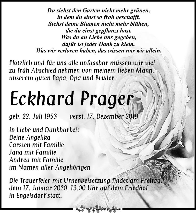  Traueranzeige für Eckhard Prager vom 04.01.2020 aus Leipziger Volkszeitung