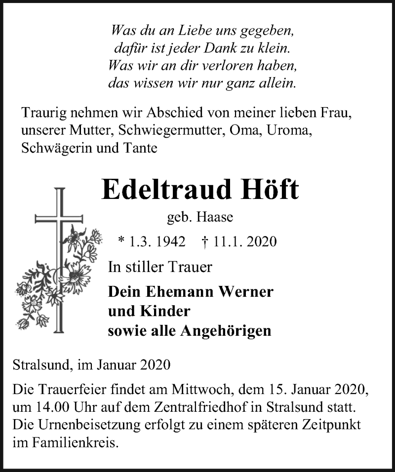  Traueranzeige für Edeltraud Höft vom 14.01.2020 aus Ostsee-Zeitung GmbH