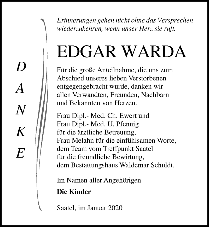  Traueranzeige für Edgar Warda vom 18.01.2020 aus Ostsee-Zeitung GmbH