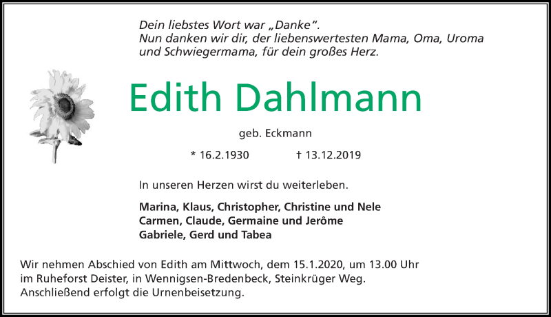  Traueranzeige für Edith Dahlmann vom 11.01.2020 aus Hannoversche Allgemeine Zeitung/Neue Presse