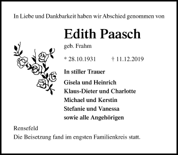 Traueranzeige von Edith Paasch von Lübecker Nachrichten