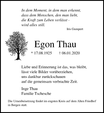 Traueranzeige von Egon Thau von Ostsee-Zeitung GmbH