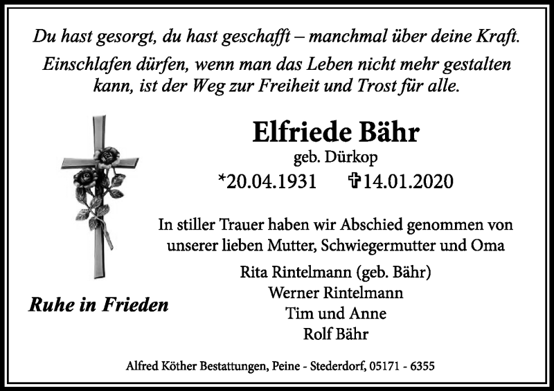  Traueranzeige für Elfriede Bähr vom 25.01.2020 aus Peiner Allgemeine Zeitung