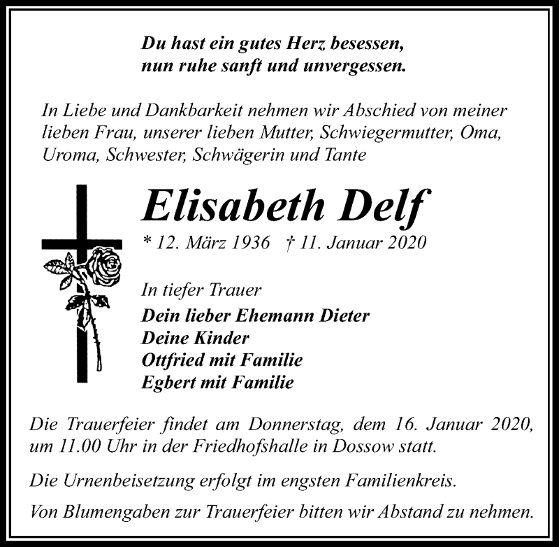  Traueranzeige für Elisabeth Delf vom 14.01.2020 aus Märkischen Allgemeine Zeitung