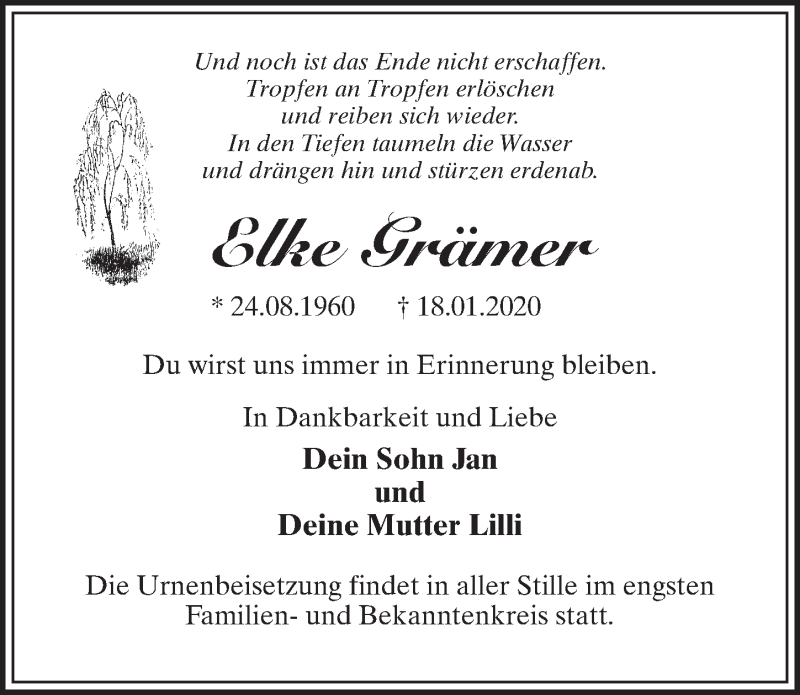  Traueranzeige für Elke Grämer vom 25.01.2020 aus Märkischen Allgemeine Zeitung