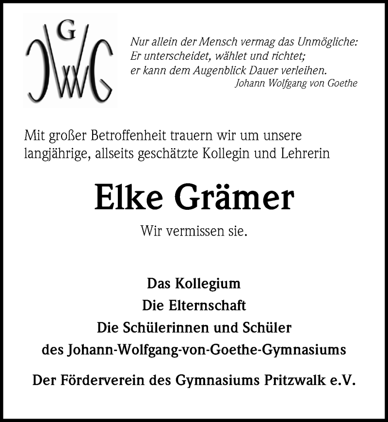  Traueranzeige für Elke Grämer vom 25.01.2020 aus Märkischen Allgemeine Zeitung