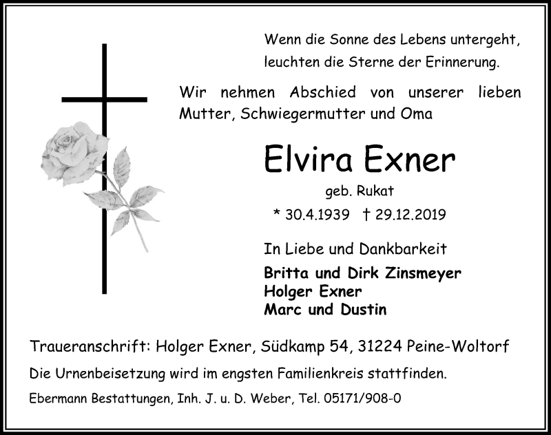  Traueranzeige für Elvira Exner vom 04.01.2020 aus Peiner Allgemeine Zeitung