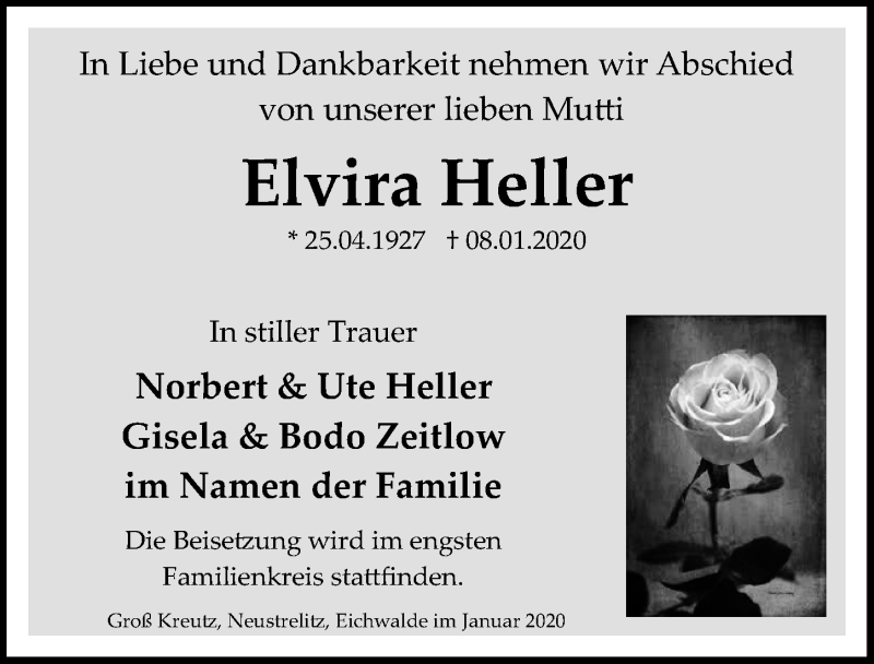  Traueranzeige für Elvira Heller vom 11.01.2020 aus Märkischen Allgemeine Zeitung