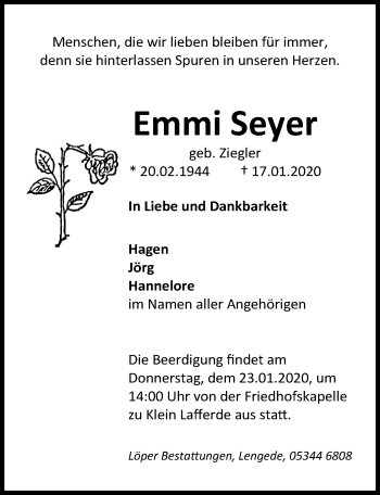 Traueranzeige von Emmi Seyer von Peiner Allgemeine Zeitung