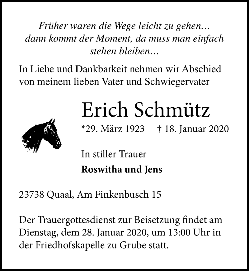  Traueranzeige für Erich Schmütz vom 22.01.2020 aus Lübecker Nachrichten