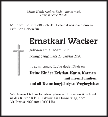 Traueranzeige von Ernstkarl Wacker von Märkischen Allgemeine Zeitung