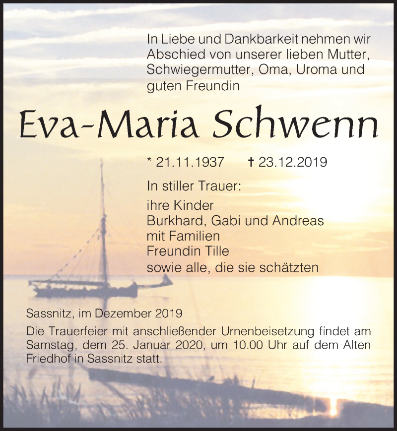  Traueranzeige für Eva-Maria Schwenn vom 04.01.2020 aus Ostsee-Zeitung GmbH