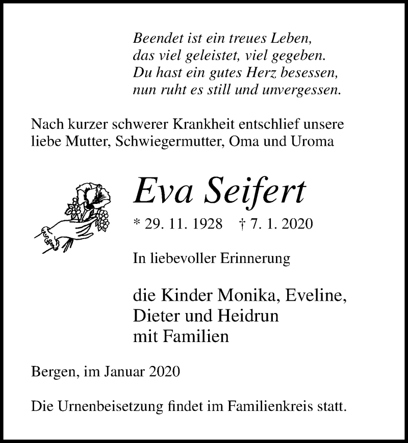  Traueranzeige für Eva Seifert vom 11.01.2020 aus Ostsee-Zeitung GmbH