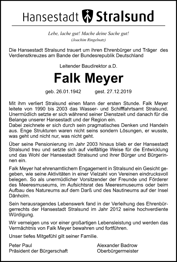  Traueranzeige für Falk Meyer vom 03.01.2020 aus Ostsee-Zeitung GmbH