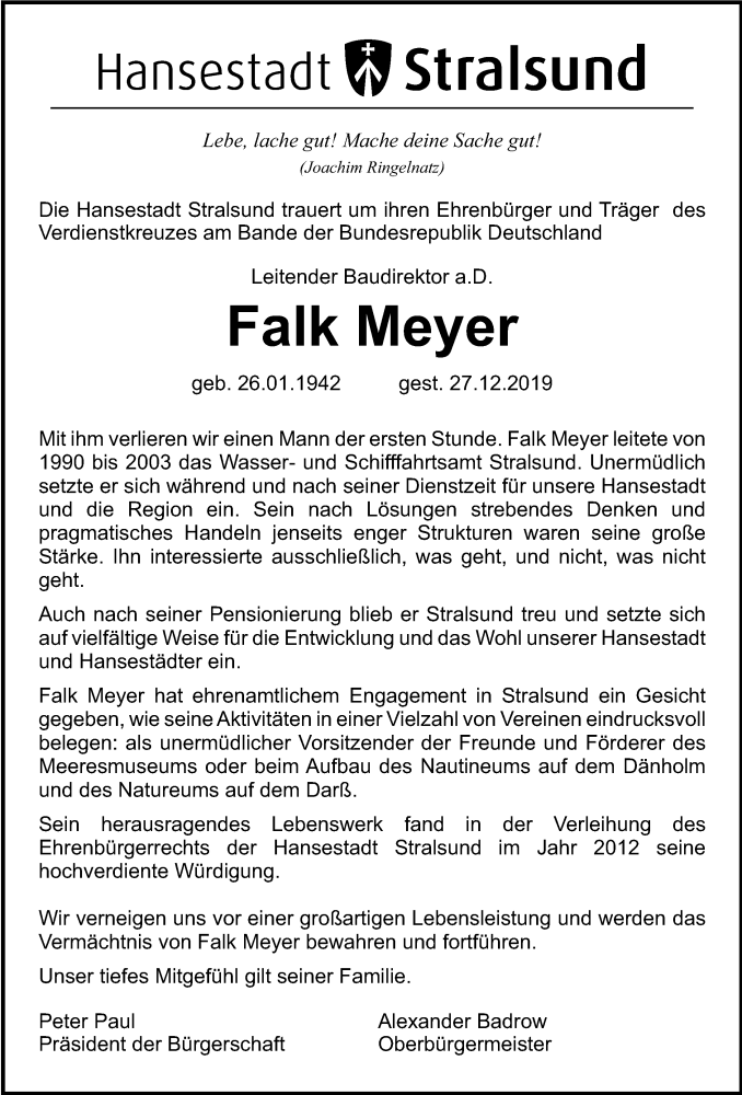  Traueranzeige für Falk Meyer vom 04.01.2020 aus Ostsee-Zeitung GmbH