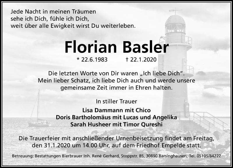  Traueranzeige für Florian Basler vom 25.01.2020 aus Hannoversche Allgemeine Zeitung/Neue Presse