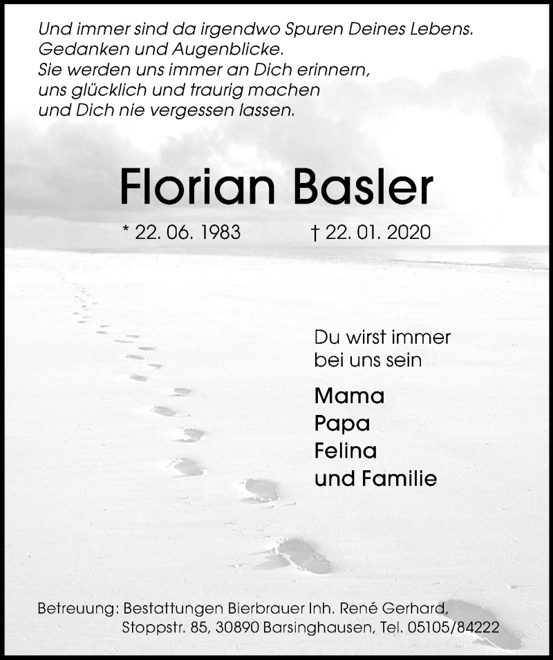  Traueranzeige für Florian Basler vom 25.01.2020 aus Hannoversche Allgemeine Zeitung/Neue Presse
