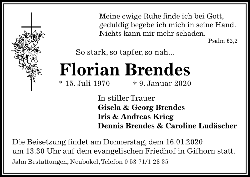  Traueranzeige für Florian Brendes vom 14.01.2020 aus Aller Zeitung