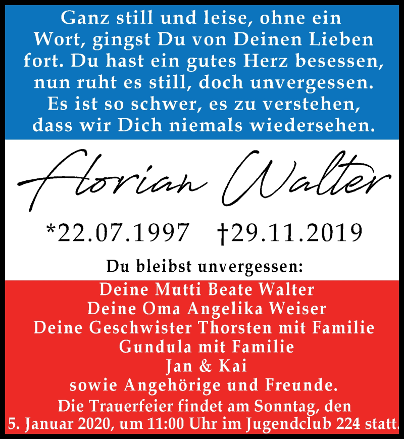  Traueranzeige für Florian  Walter vom 04.01.2020 aus Ostsee-Zeitung GmbH