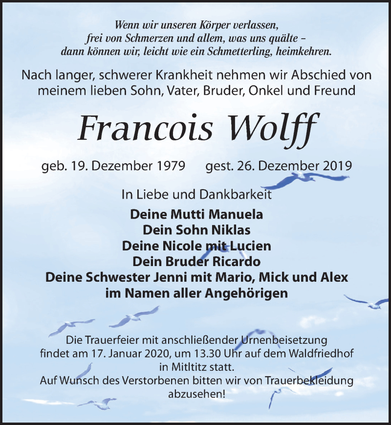  Traueranzeige für Francois Wolff vom 10.01.2020 aus Leipziger Volkszeitung
