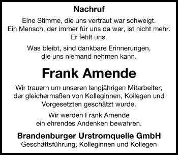 Traueranzeige von Frank Amende von Märkischen Allgemeine Zeitung