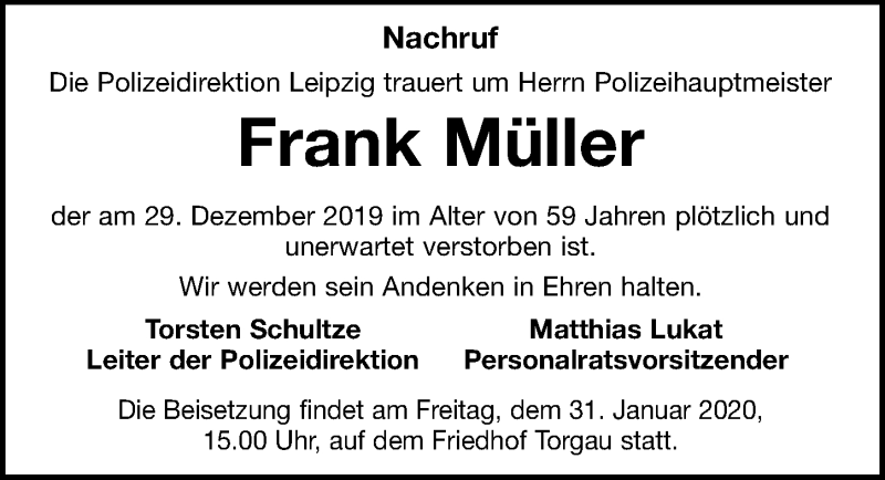  Traueranzeige für Frank Müller vom 25.01.2020 aus Leipziger Volkszeitung