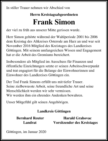 Traueranzeige von Frank Simon von Göttinger Tageblatt