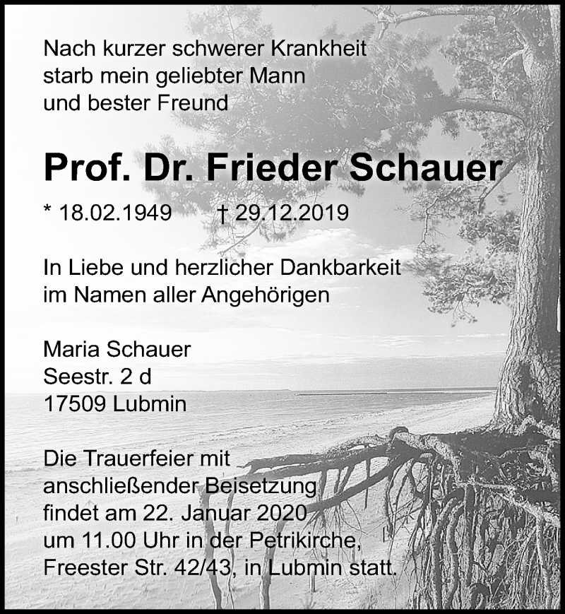  Traueranzeige für Frieder Schauer vom 11.01.2020 aus Ostsee-Zeitung GmbH