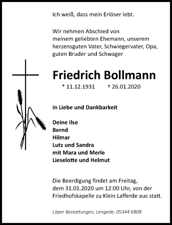 Traueranzeige von Friedrich Bollmann von Peiner Allgemeine Zeitung