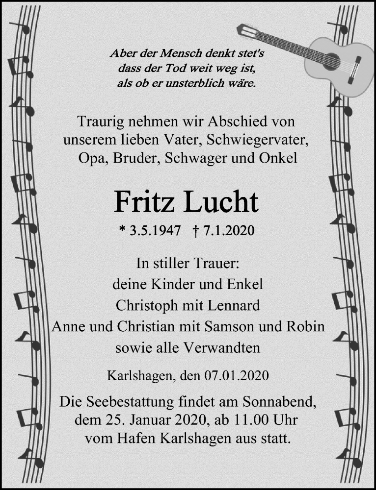  Traueranzeige für Fritz Lucht vom 11.01.2020 aus Ostsee-Zeitung GmbH