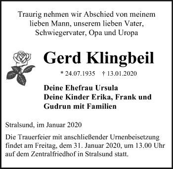 Traueranzeige von Gerd Klingbeil von Ostsee-Zeitung GmbH