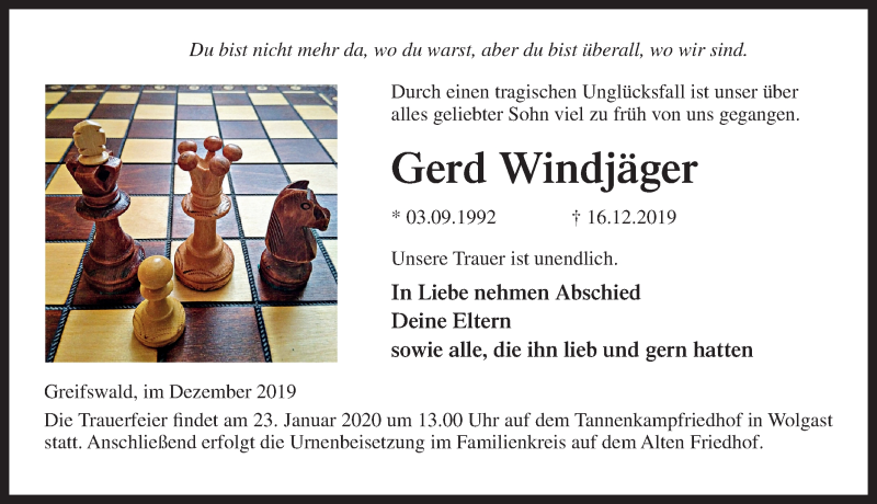  Traueranzeige für Gerd Windjäger vom 11.01.2020 aus Ostsee-Zeitung GmbH