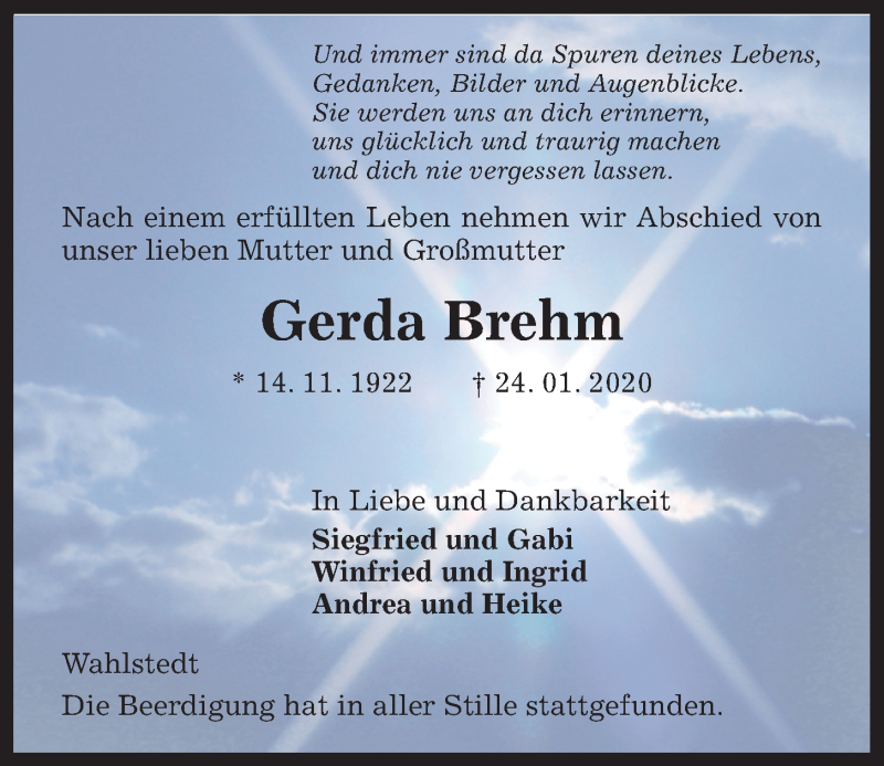  Traueranzeige für Gerda Brehm vom 31.01.2020 aus Kieler Nachrichten