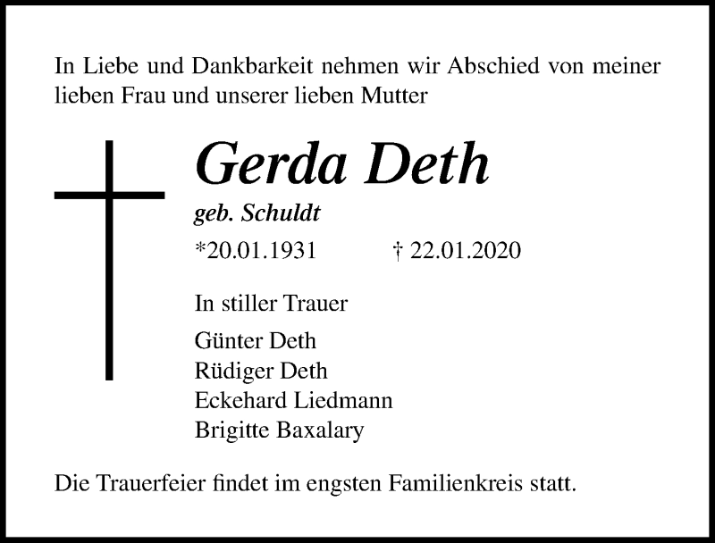  Traueranzeige für Gerda Deth vom 25.01.2020 aus Ostsee-Zeitung GmbH
