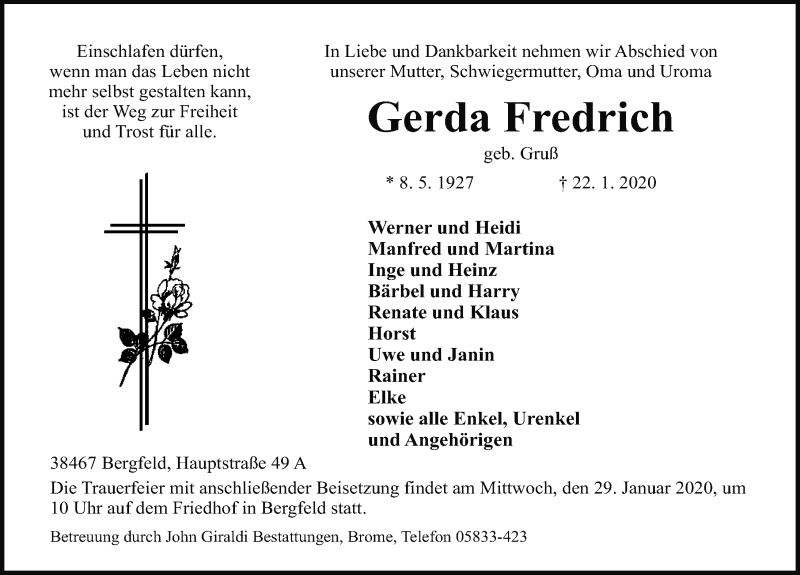  Traueranzeige für Gerda Fredrich vom 25.01.2020 aus Aller Zeitung