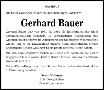 Traueranzeige von Gerhard Bauer von Göttinger Tageblatt