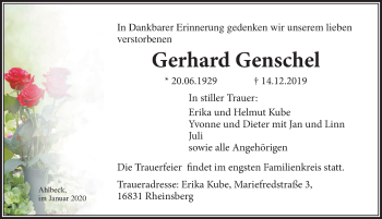 Traueranzeige von Gerhard Genschel von Ostsee-Zeitung GmbH