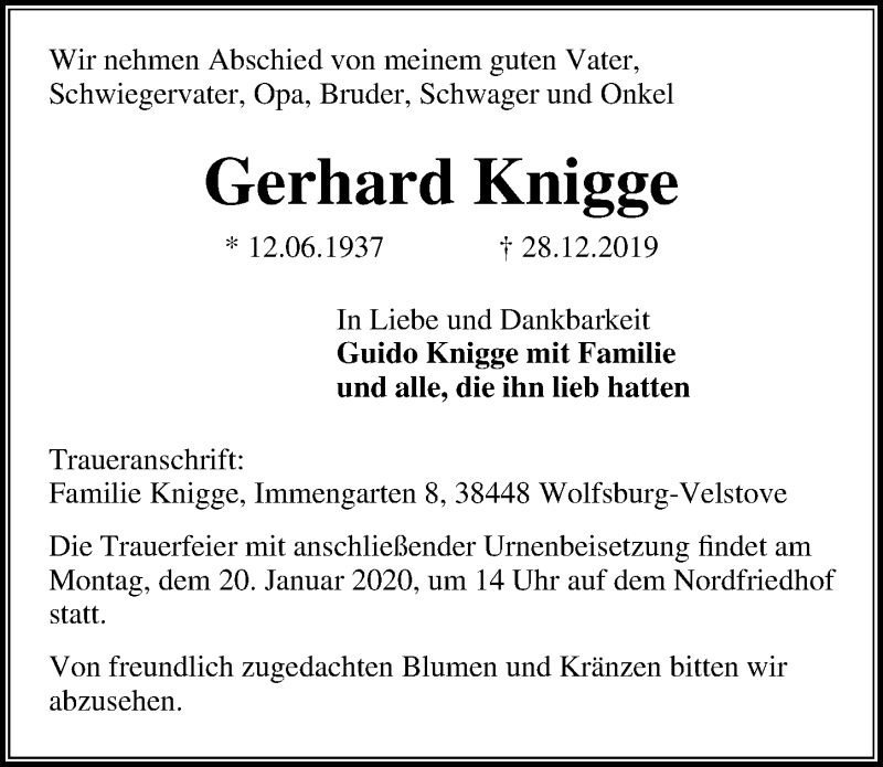  Traueranzeige für Gerhard Knigge vom 14.01.2020 aus Aller Zeitung
