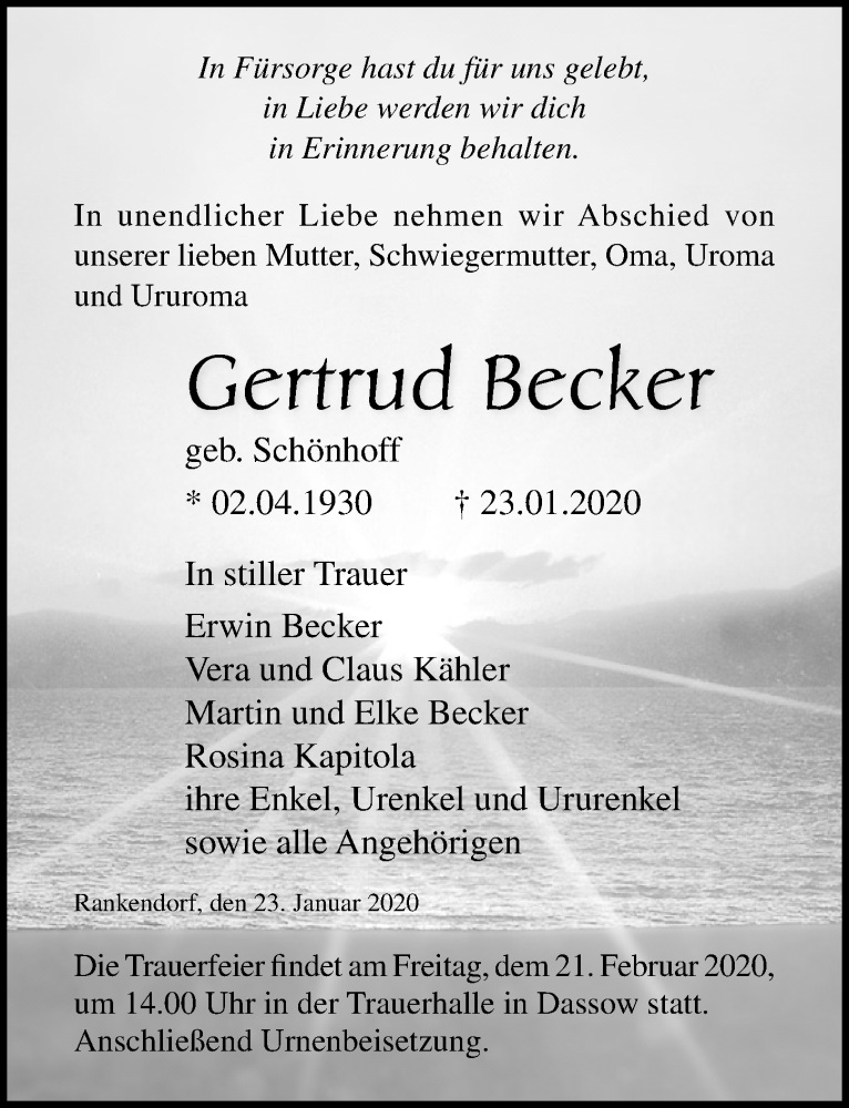  Traueranzeige für Gertrud Becker vom 29.01.2020 aus Ostsee-Zeitung GmbH