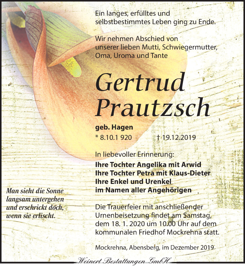  Traueranzeige für Gertrud Prautzsch vom 11.01.2020 aus Torgauer Zeitung