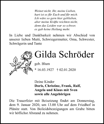 Traueranzeige von Gilda Schröder