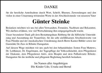 Traueranzeige von Günter Steinke von Ostsee-Zeitung GmbH