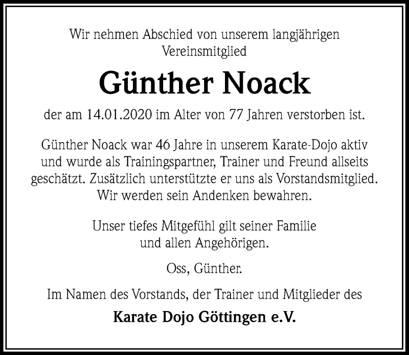  Traueranzeige für Günther Noack vom 18.01.2020 aus Göttinger Tageblatt