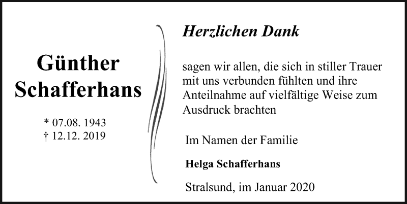 Traueranzeige für Günther Schafferhans vom 18.01.2020 aus Ostsee-Zeitung GmbH